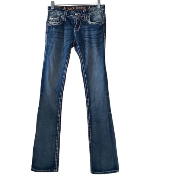 Rock Revival Womens Bootcut Jeans Size 25 Distressed Embellished Denim - Picture 1 of 16